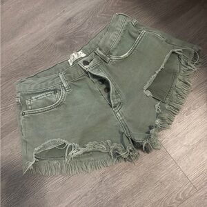 Free People Olive Green Frayed Denim Cutoff Shorts